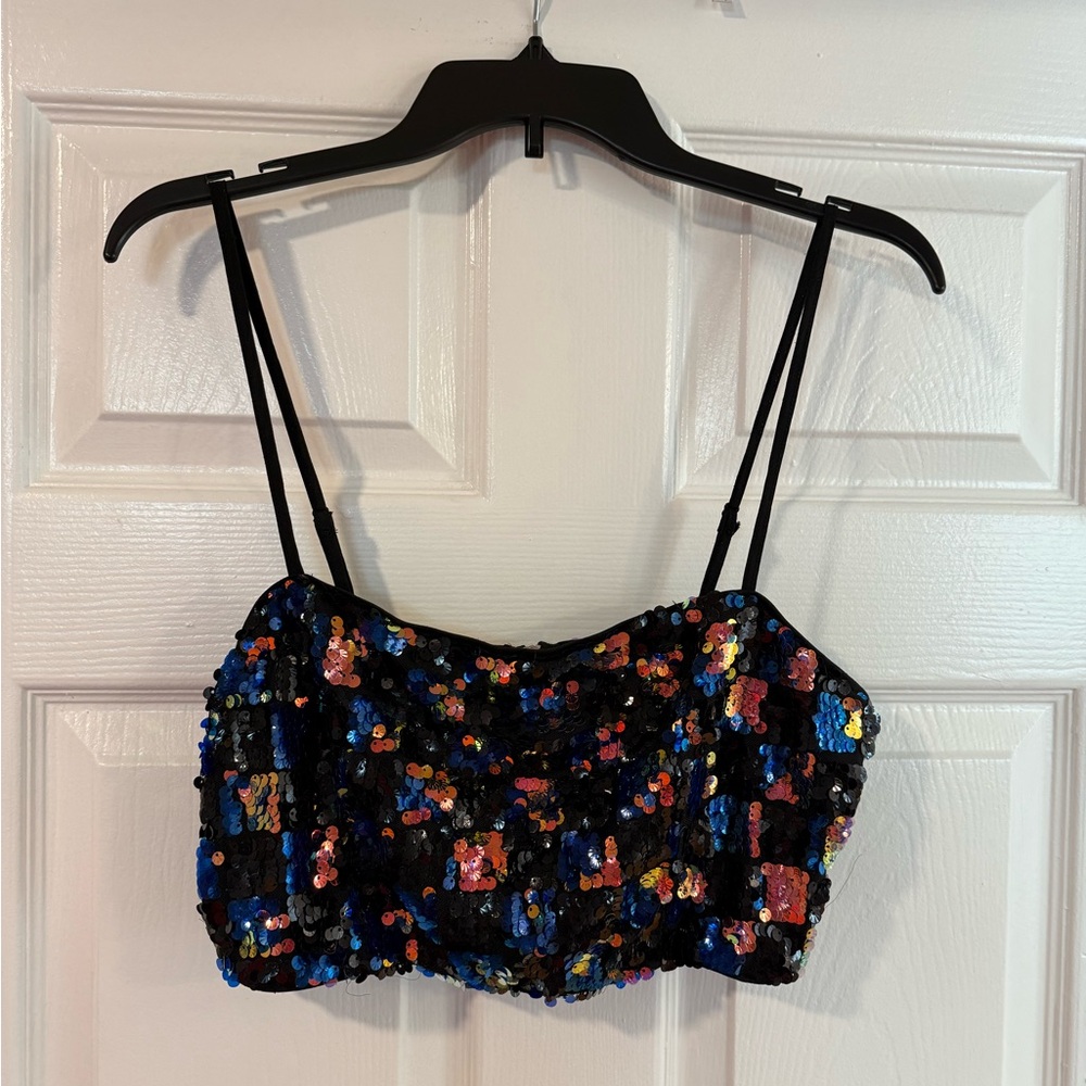 Forever 21 Sequin Blue and Black Multicolor Crop Top with Zipper - Size L 💙